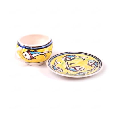 فنجان و نعلبکی‎ ‎سفالی‎ ‎‎‎‎نقاشی زیر لعابی‎ ‎‎زرد‎ ‎‎طرح‎ ‎ماهی‎ ‎ ‎‎‎‎